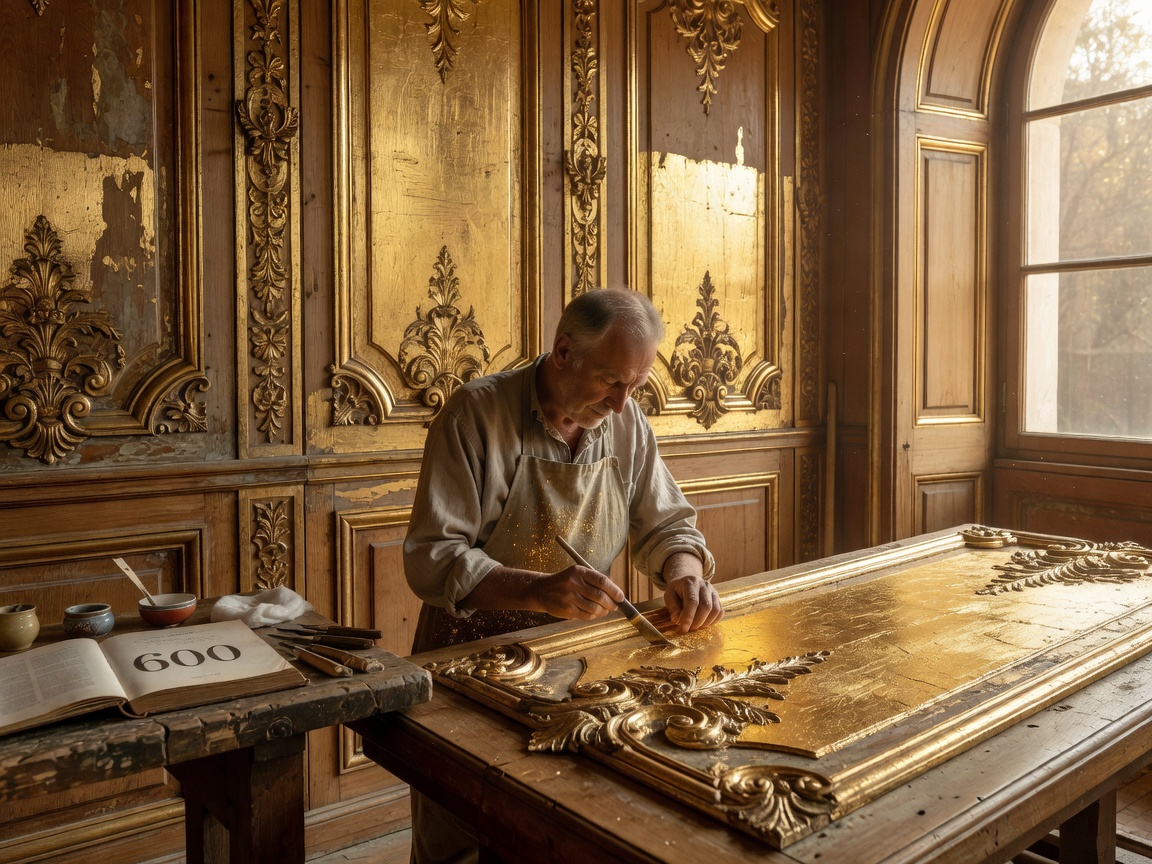 Artisan restoring historic gold leaf woodwork and French boiserie paneling