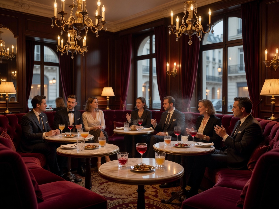 Boutique hotel cocktail salon in Paris with burgundy velvet banquettes and brass chandeliers