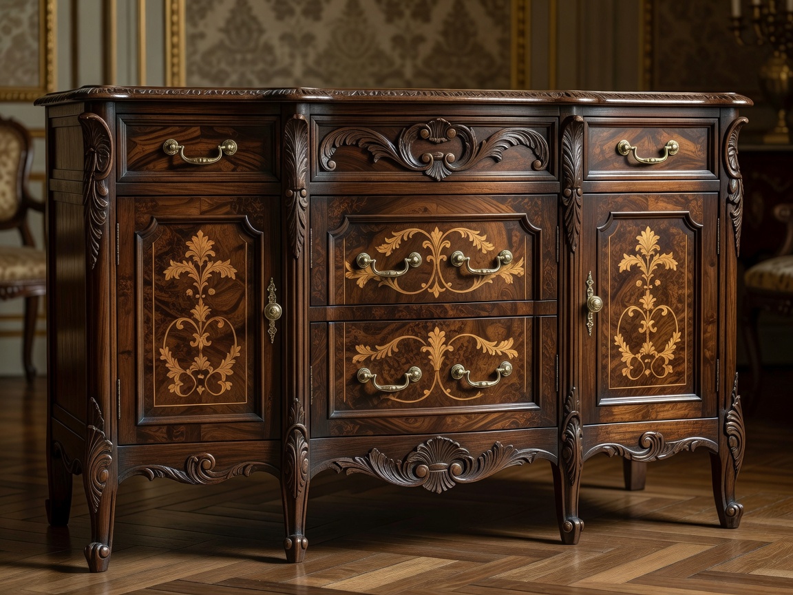 Hand-carved French credenza with champagne bronze handles and burr walnut inlays