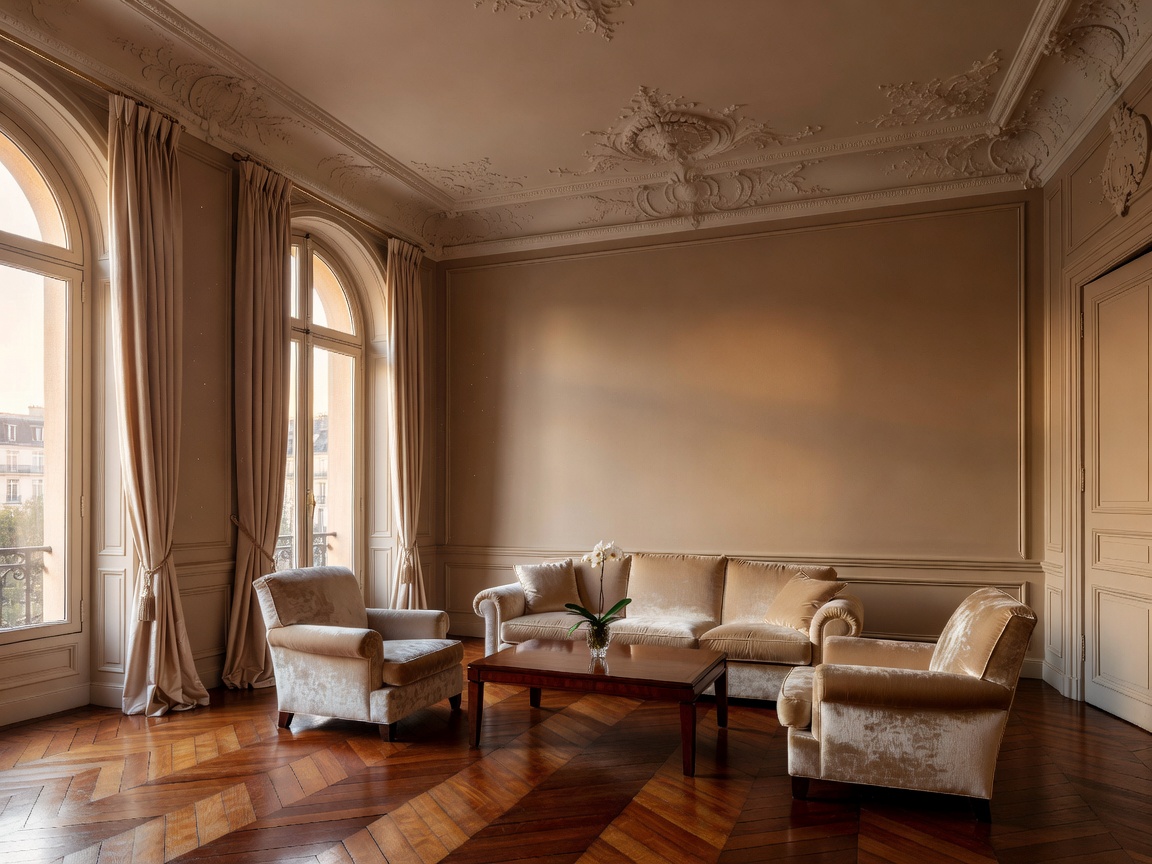 Haussmannian Parisian living room with classical plaster mouldings, herringbone parquet, and champagne velvet furnishings