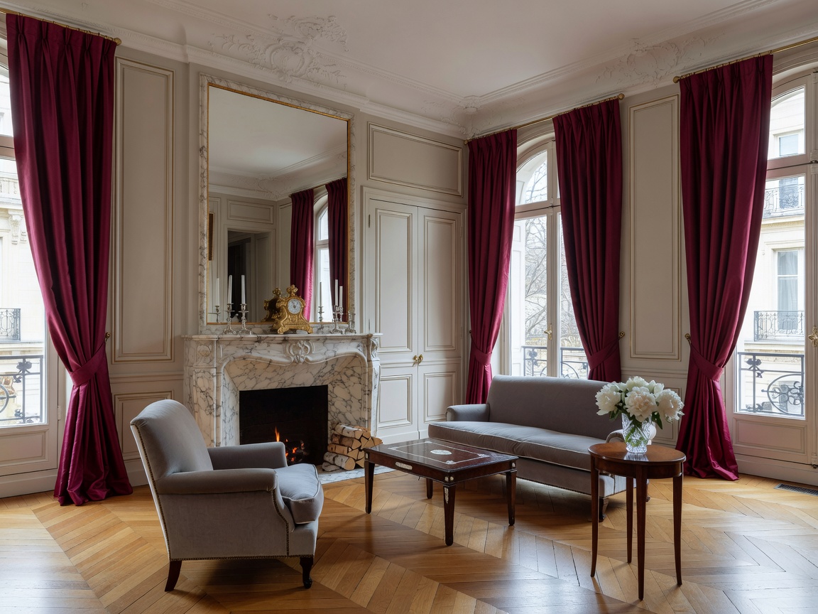 Refined Haussmann apartment interior in Paris with burgundy silk drapes and marble fireplace