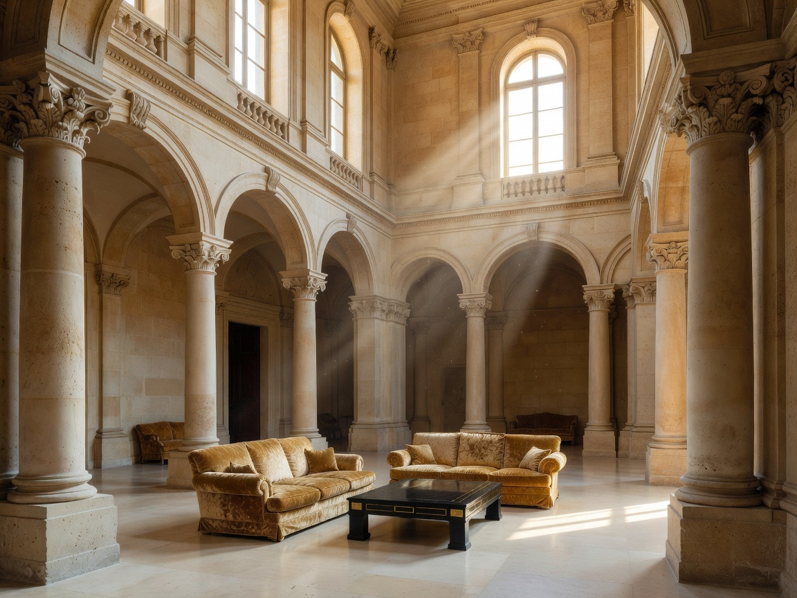 Spacious French luxury residence featuring double-height ceiling and stone colonnades